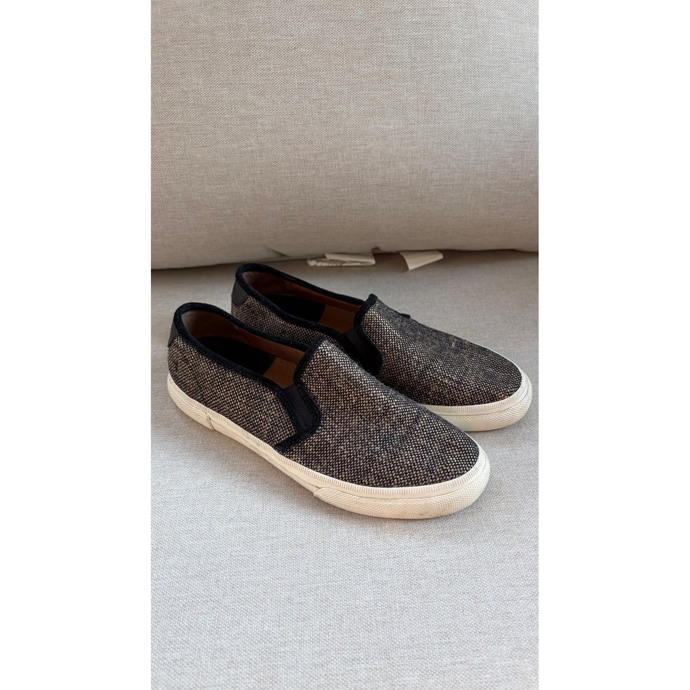 Frye Slip On Sneakers Women 8.5 Black Gold Metallic Woven canvas Excellent